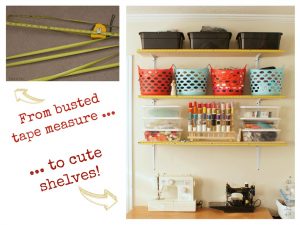 Use busted tape measures to decorate shelves.10